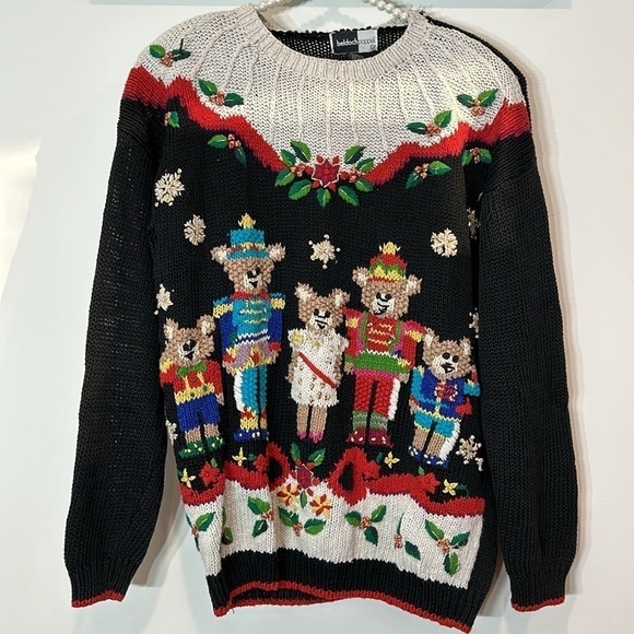 Vintage Toy Solider Teddy Bear Woven Knit crewneck pullover sweater medium - Picture 8 of 8